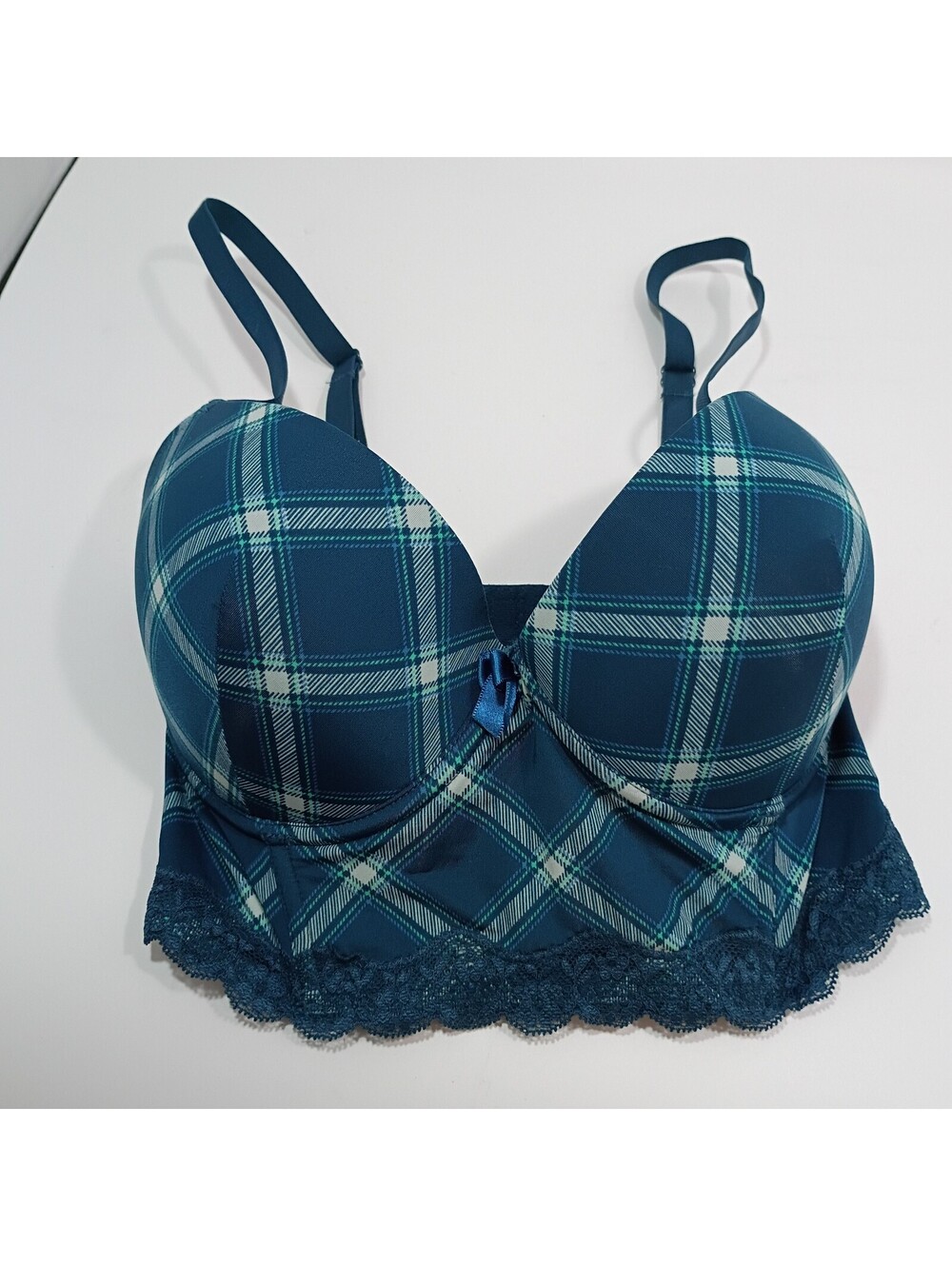 Adore me Meissa Plaid Push Up Bra 30DDD Teal Lace Longline Bustier Corset